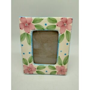 White Porcelain Photo Frame Pink Flowers Blue Polka Dots 3"X4" Opening Cottage